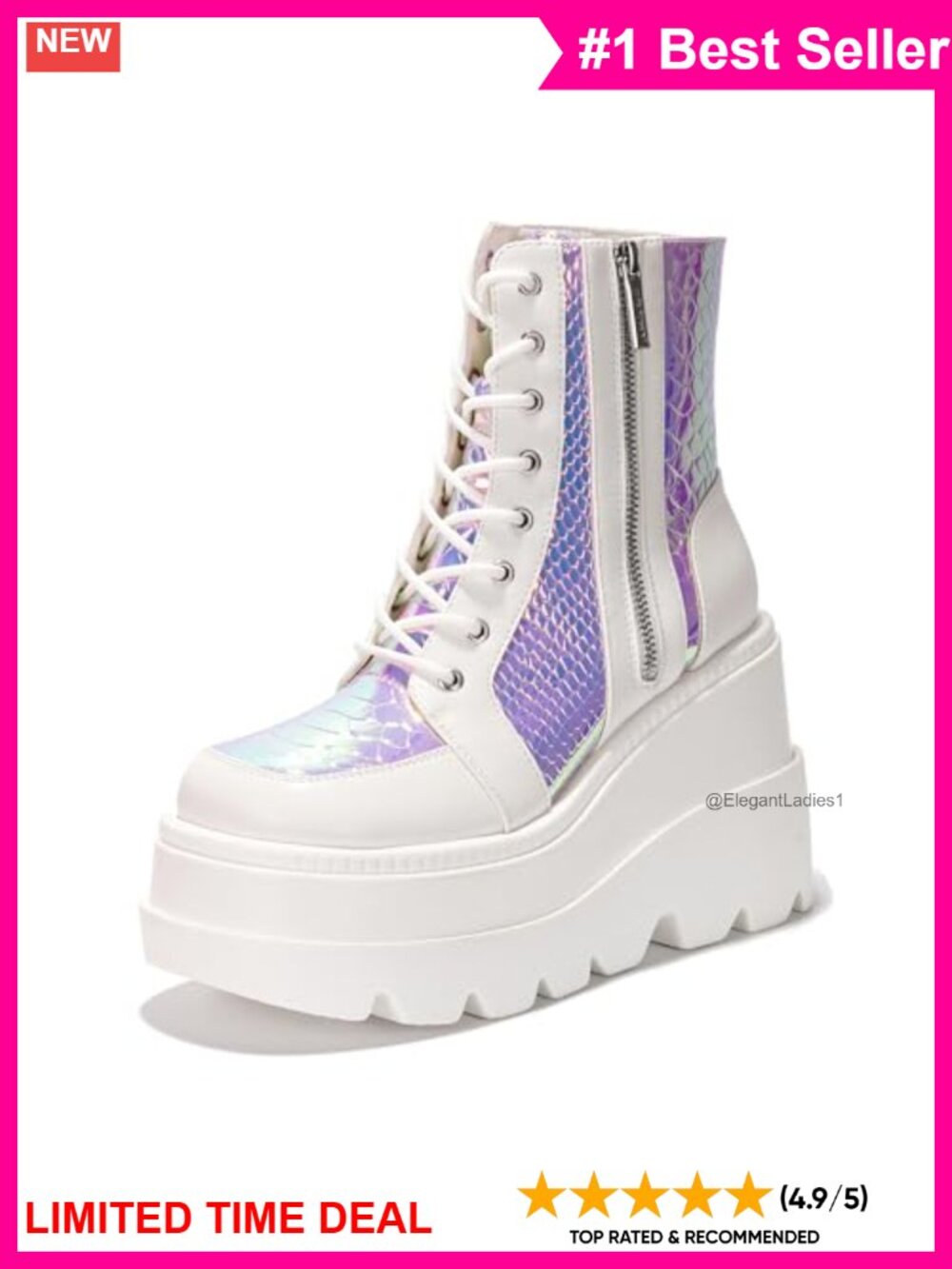 Holographic Faux Snakeskin Platform Ankle Boots Chunky Block Heel